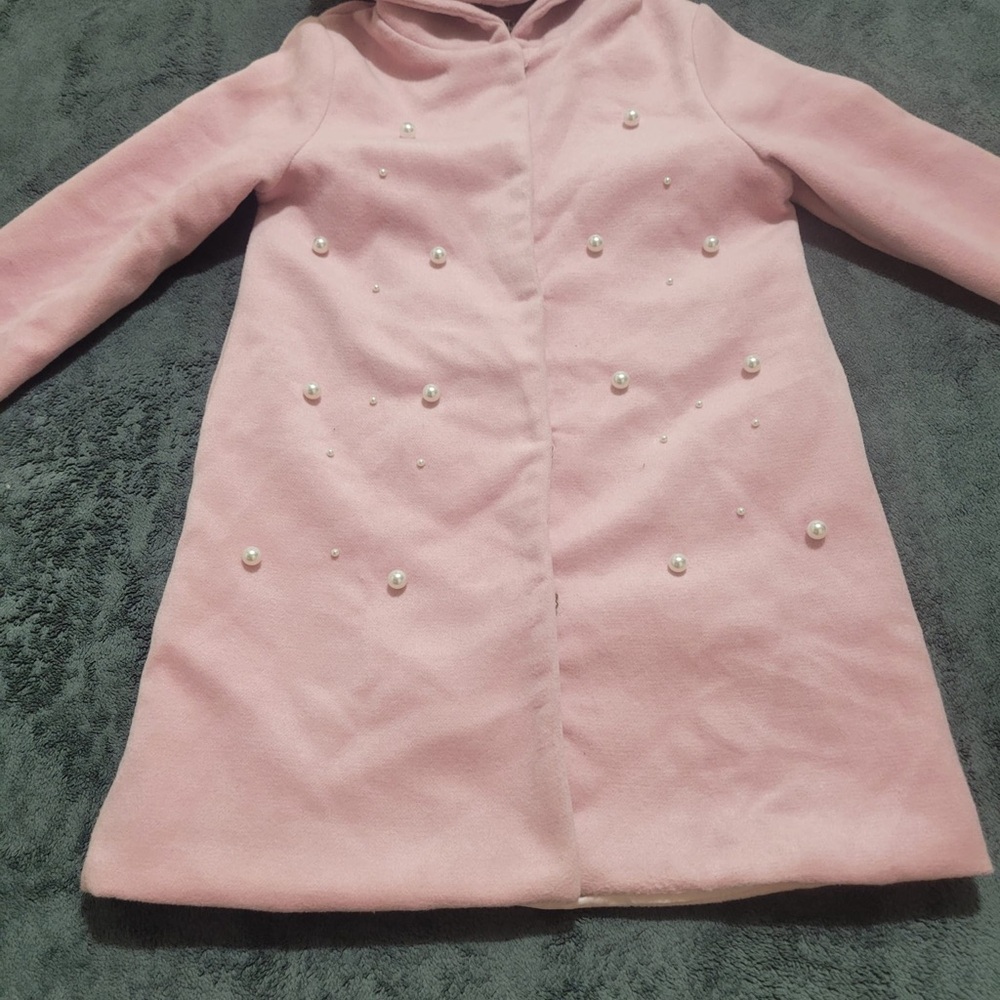 Girls Baby Pink Pearl-Embellished Hooded Winter/Fall Buttoned Pea Coat